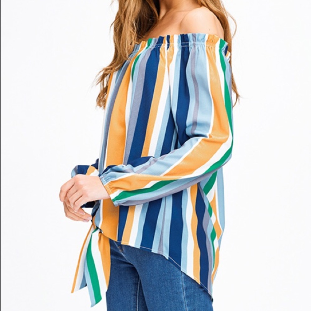Multicolor Stripped Off-Shoulder Blouse - Picture 3 of 5